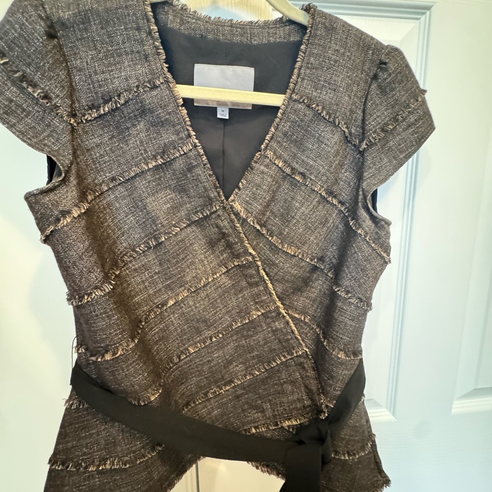 Chanel Style Tweed Wrap Top Fringe Trim Belted Cap Sleeve Neutral M